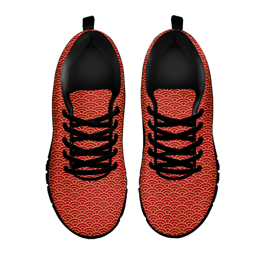 Red Japanese Wave Pattern Print Black Running Shoes