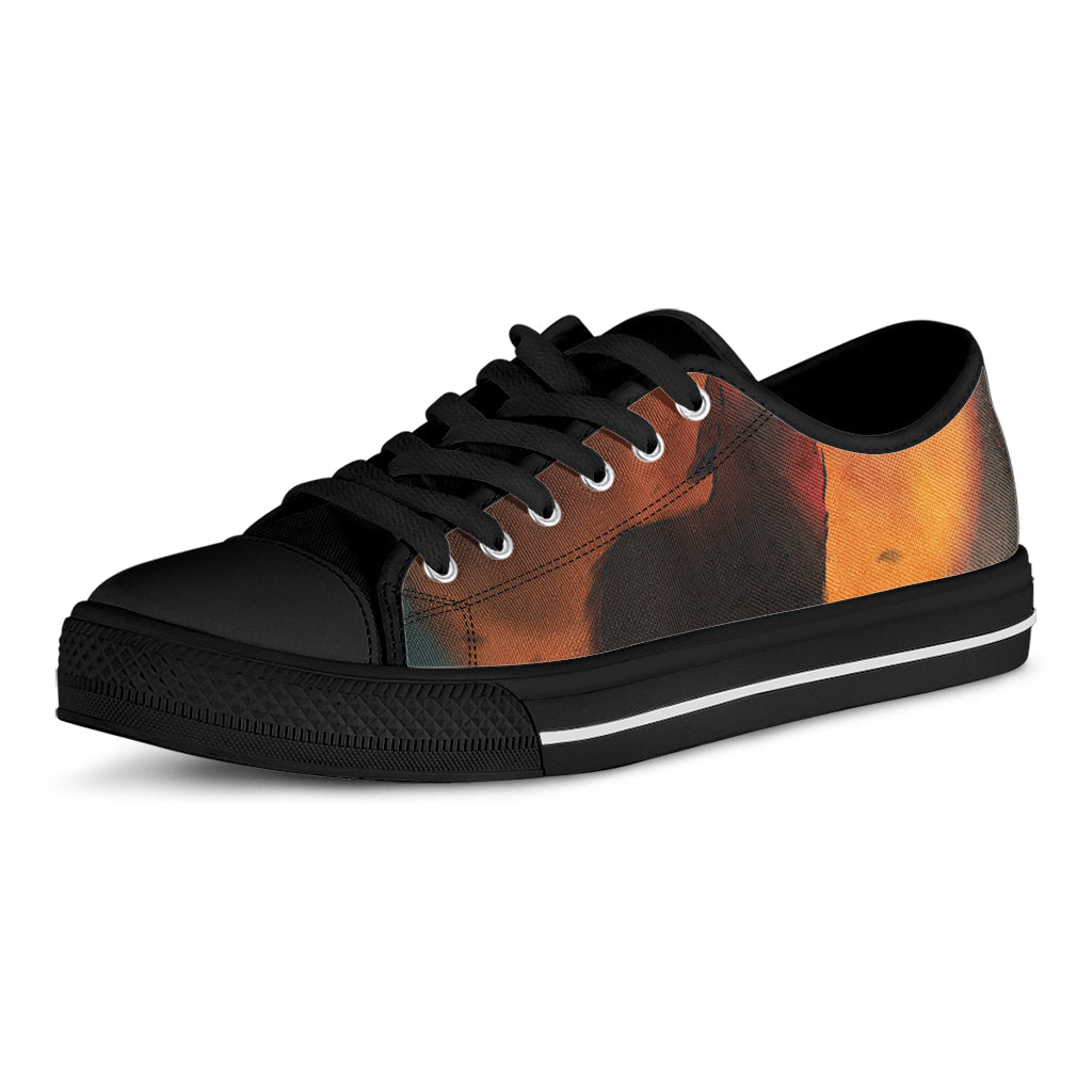 Red Moon Howling Wolf Print Black Low Top Sneakers