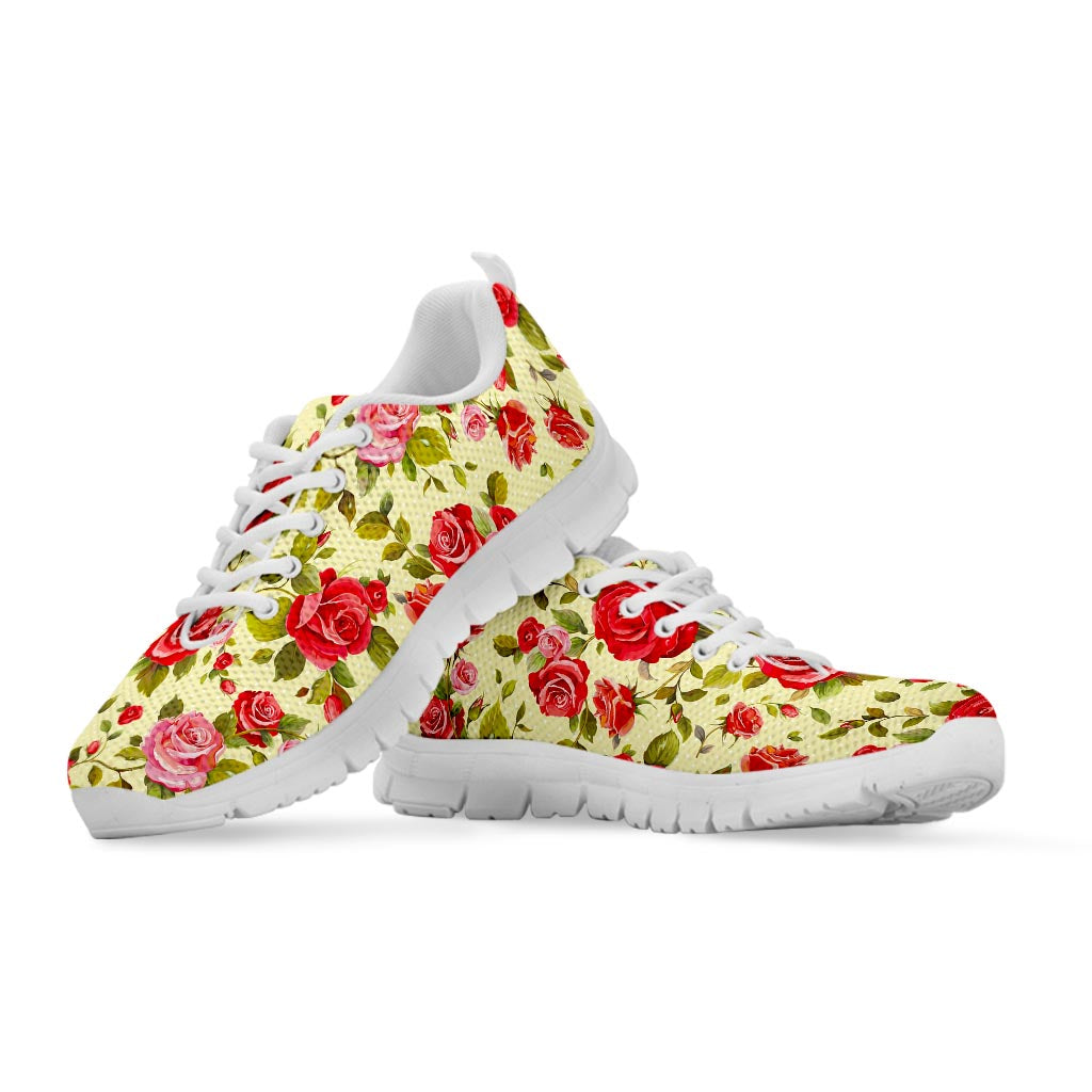 Red Pink Rose Floral Pattern Print White Running Shoes