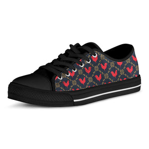 Red Rooster Pattern Print Black Low Top Sneakers