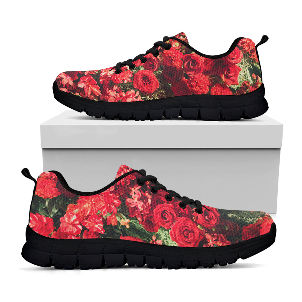 Red Rose Flower Print Black Running Shoes
