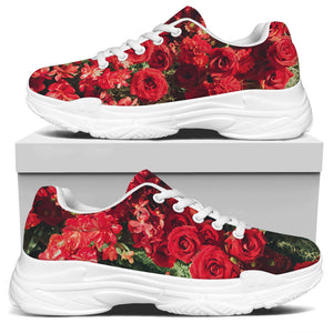 Red Rose Flower Print White Chunky Shoes