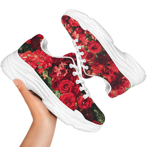 Red Rose Flower Print White Chunky Shoes