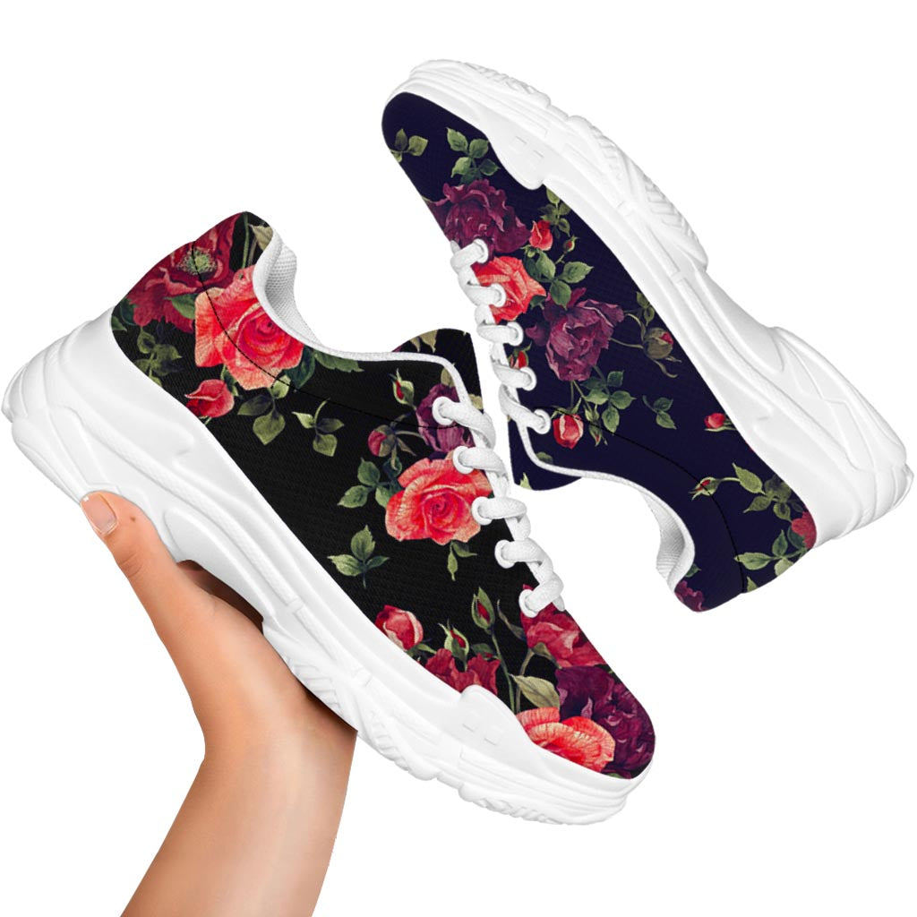 Red Violet Roses Floral Pattern Print White Chunky Shoes