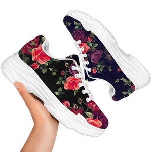 Red Violet Roses Floral Pattern Print White Chunky Shoes