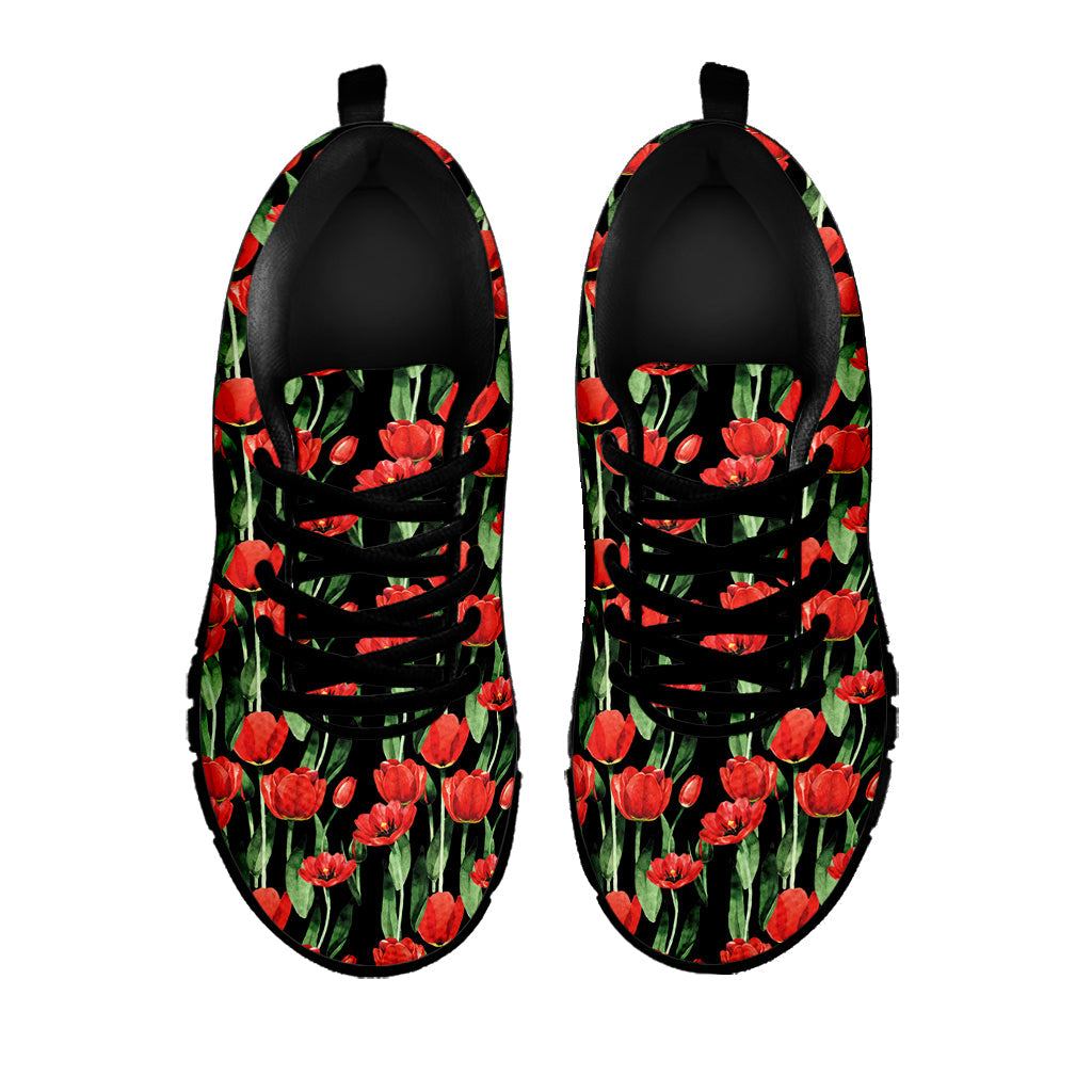 Red Watercolor Tulip Pattern Print Black Running Shoes