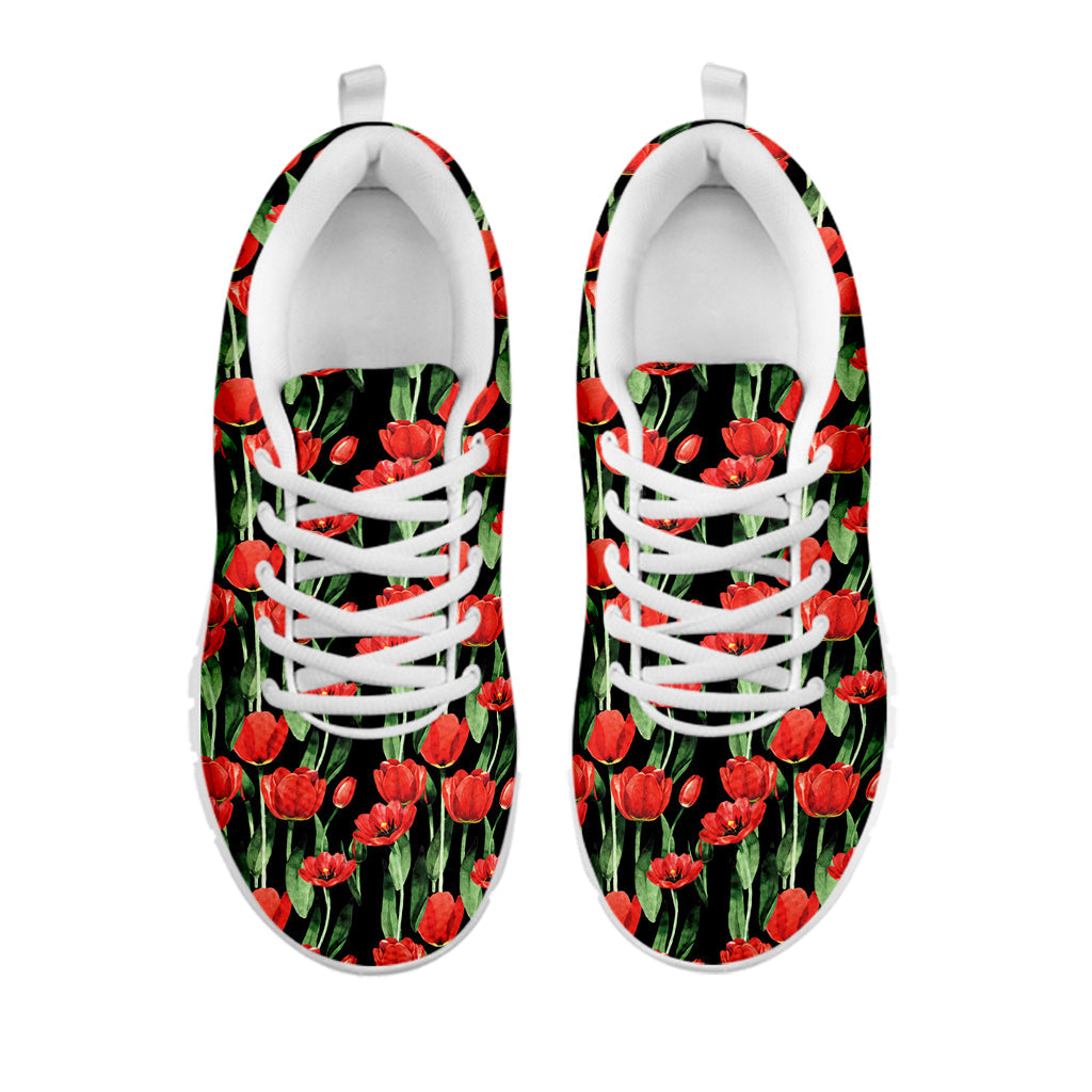 Red Watercolor Tulip Pattern Print White Running Shoes