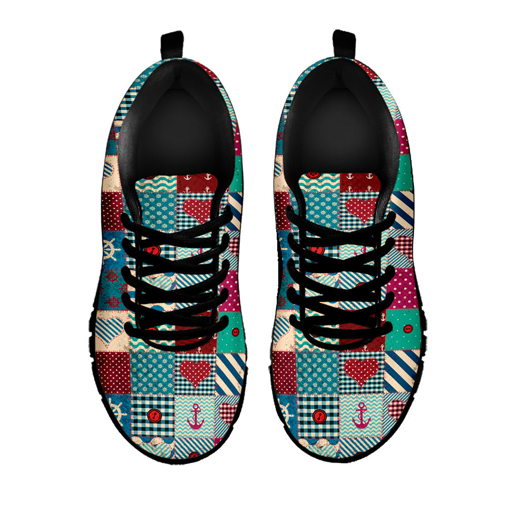 Retro Nautical Patchwork Pattern Print Black Running Shoes