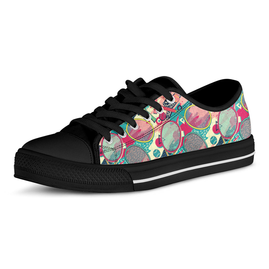 Retro Tennis Pattern Print Black Low Top Sneakers