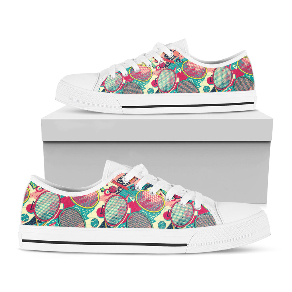Retro Tennis Pattern Print White Low Top Sneakers