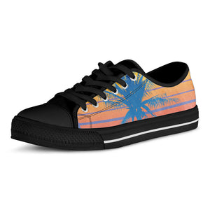 Retrowave Sunset Palm Tree Print Black Low Top Sneakers