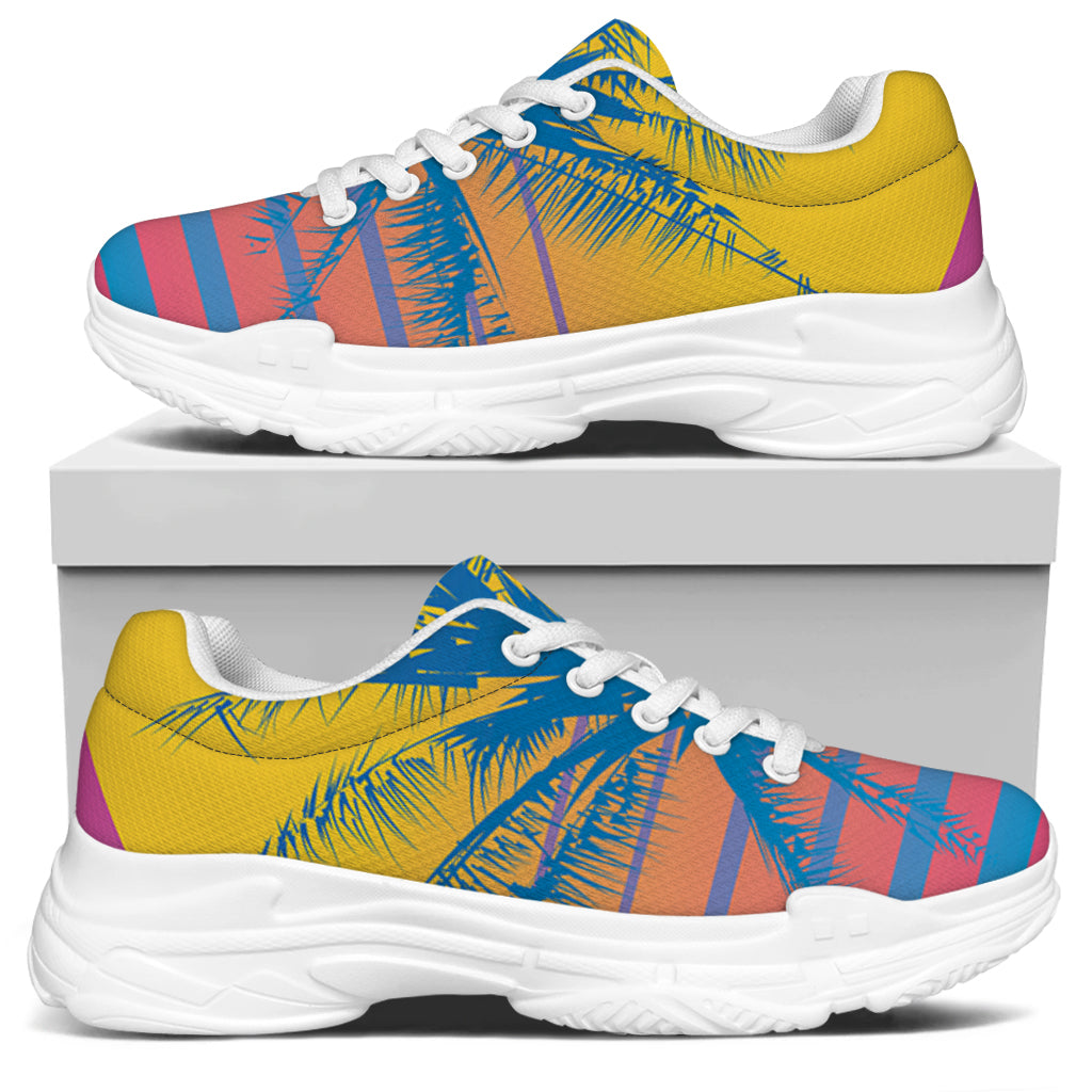 Retrowave Sunset Palm Tree Print White Chunky Shoes