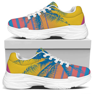 Retrowave Sunset Palm Tree Print White Chunky Shoes
