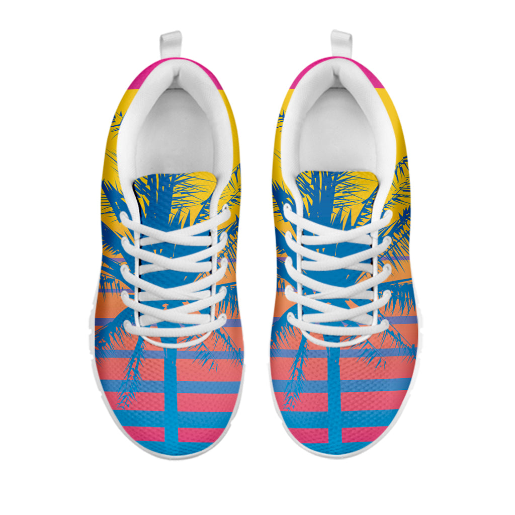Retrowave Sunset Palm Tree Print White Running Shoes