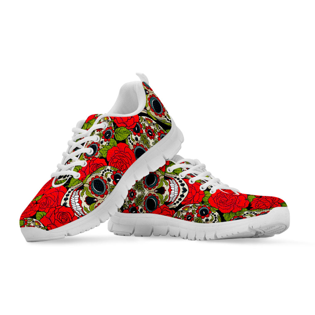 Rose Floral Sugar Skull Pattern Print White Running Shoes