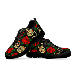 Rose Flower Sugar Skull Pattern Print Black Running Shoes