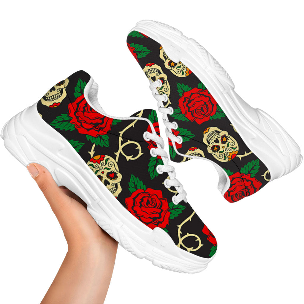 Rose Flower Sugar Skull Pattern Print White Chunky Shoes