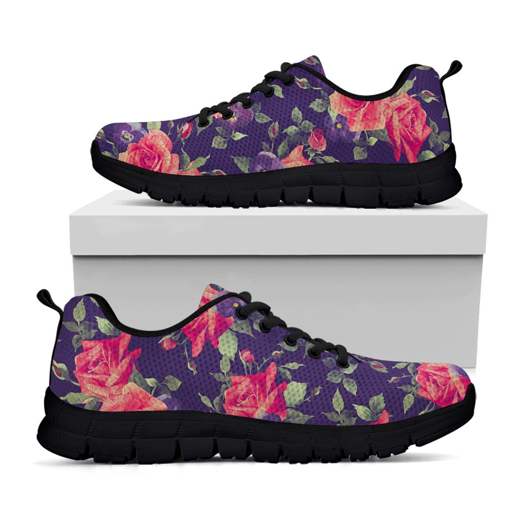 Rose Pansy Floral Flower Pattern Print Black Running Shoes