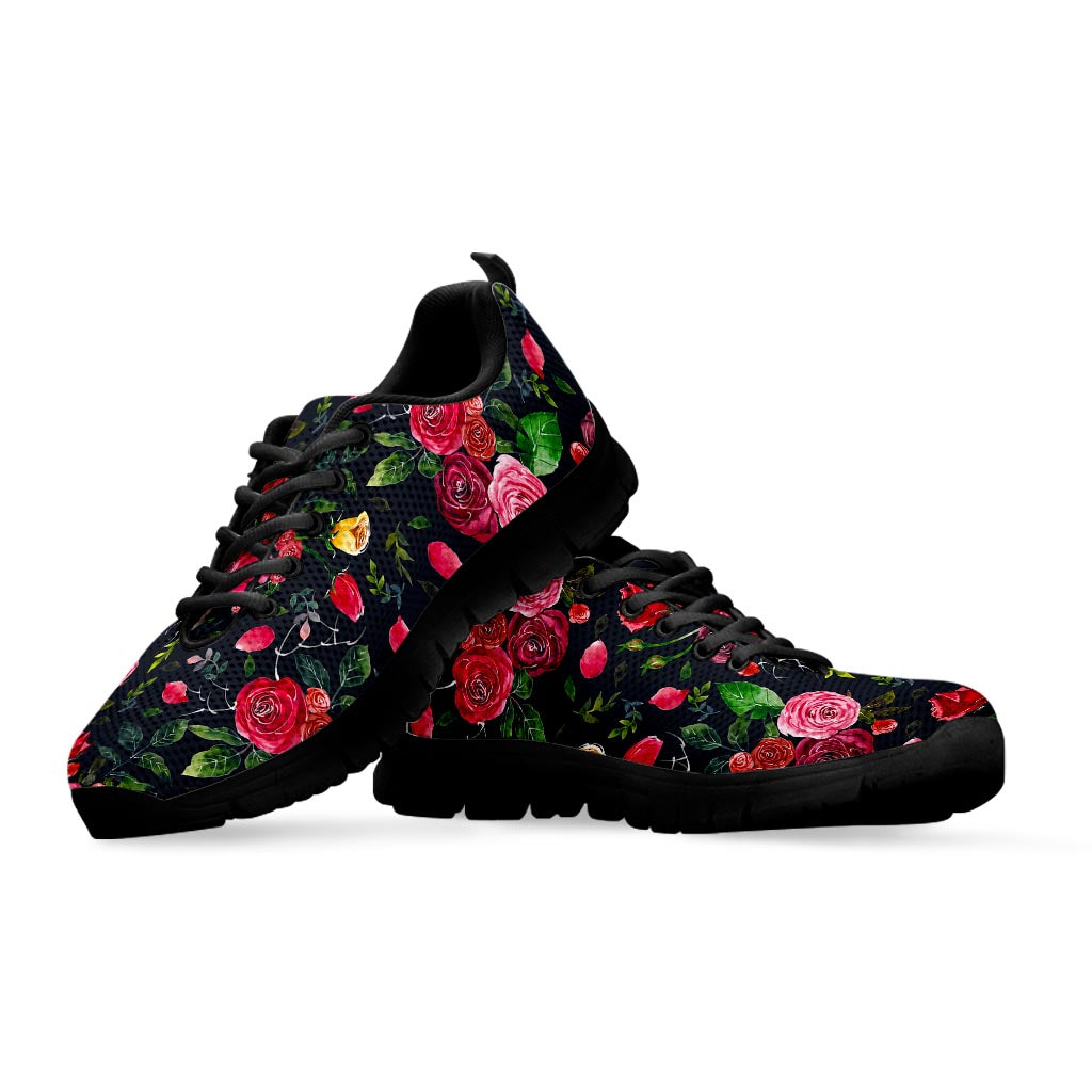Roses Floral Flower Pattern Print Black Running Shoes