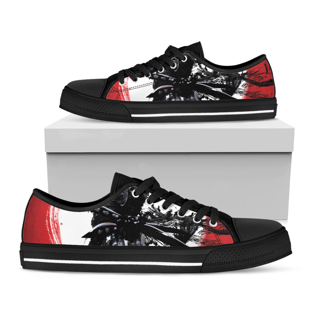 Samurai And Crow Print Black Low Top Sneakers
