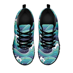 Sea Wave Surfing Pattern Print Black Running Shoes