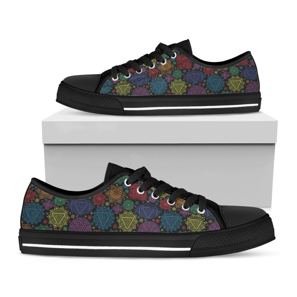 Seven Chakras Flowers Pattern Print Black Low Top Sneakers