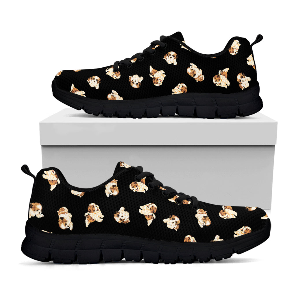 Shih Tzu Puppy Pattern Print Black Running Shoes