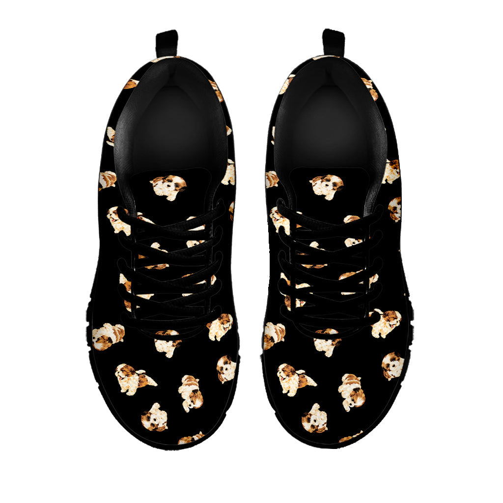 Shih Tzu Puppy Pattern Print Black Running Shoes