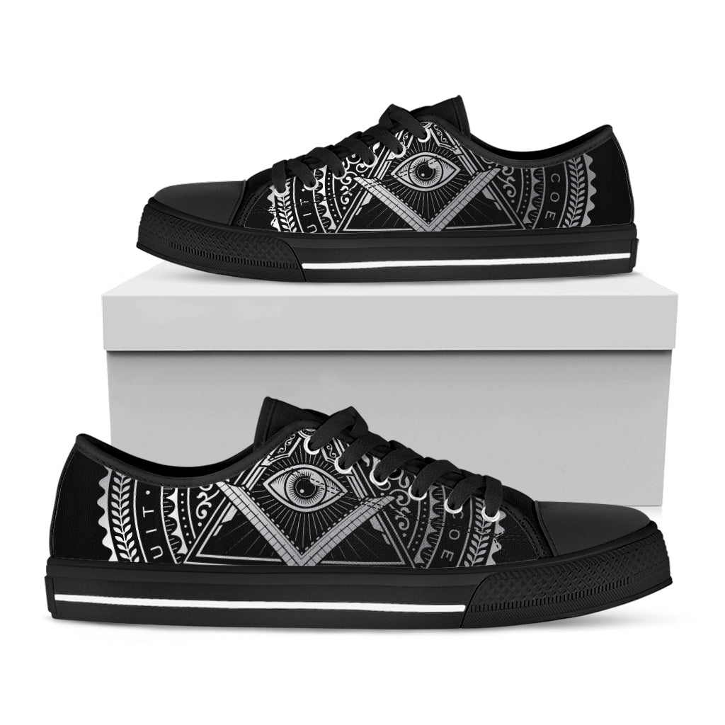 Silver And Black All Seeing Eye Print Black Low Top Sneakers