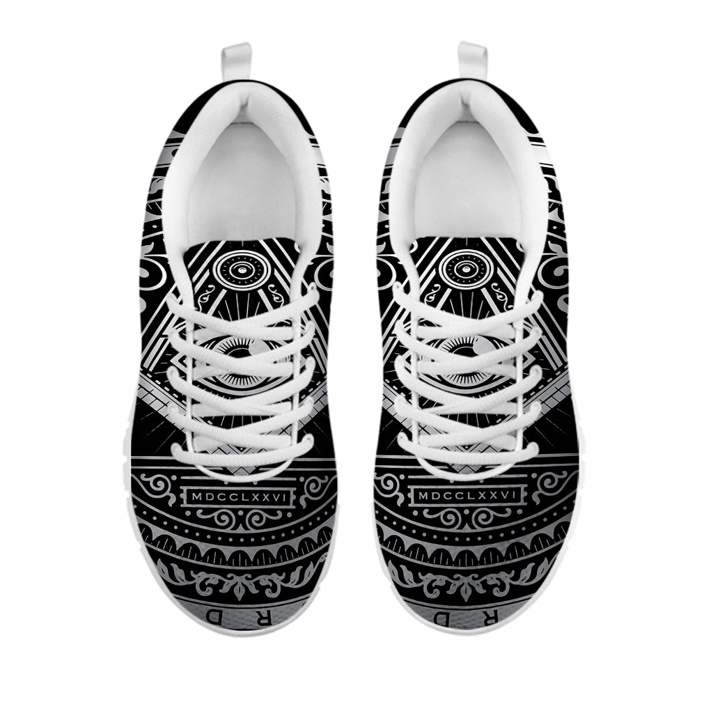 Silver And Black All Seeing Eye Print White Running Shoes