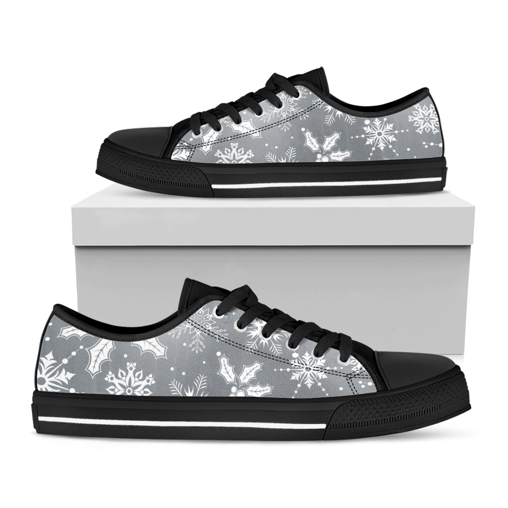 Silver And White Snowflake Pattern Print Black Low Top Sneakers