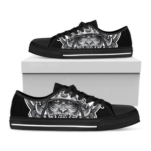 Silver Samurai Mask Print Black Low Top Sneakers
