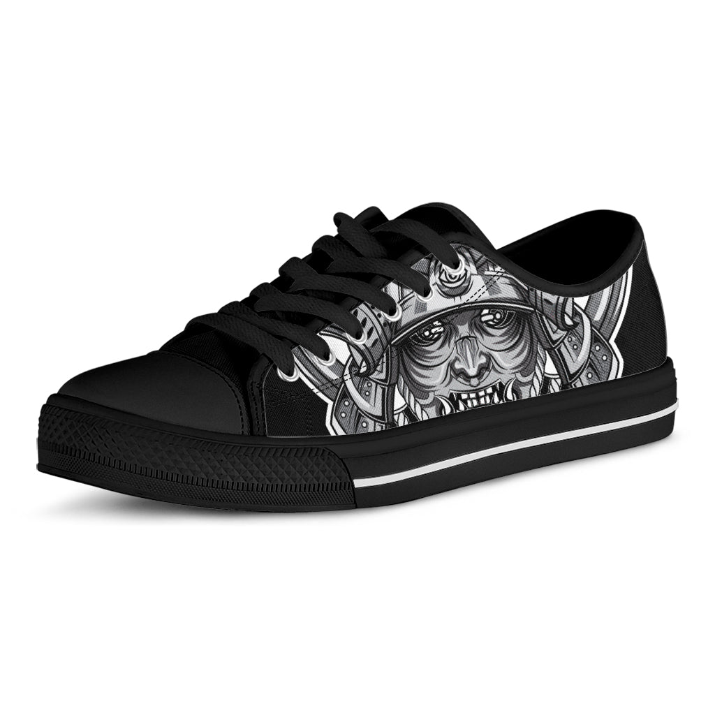 Silver Samurai Mask Print Black Low Top Sneakers
