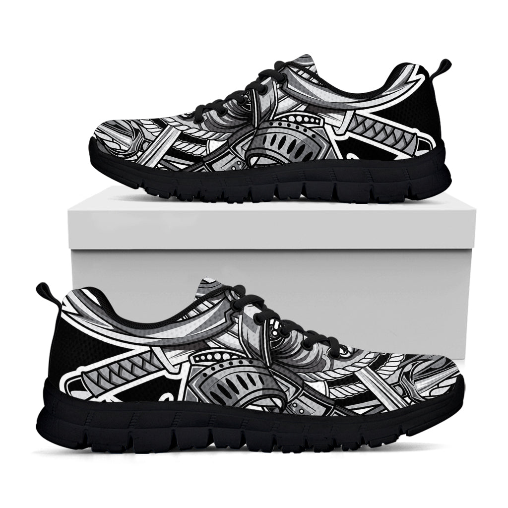 Silver Samurai Mask Print Black Running Shoes