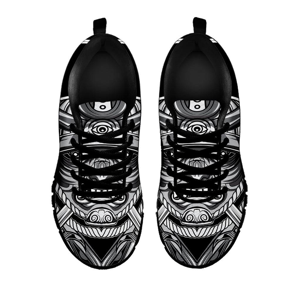 Silver Samurai Mask Print Black Running Shoes