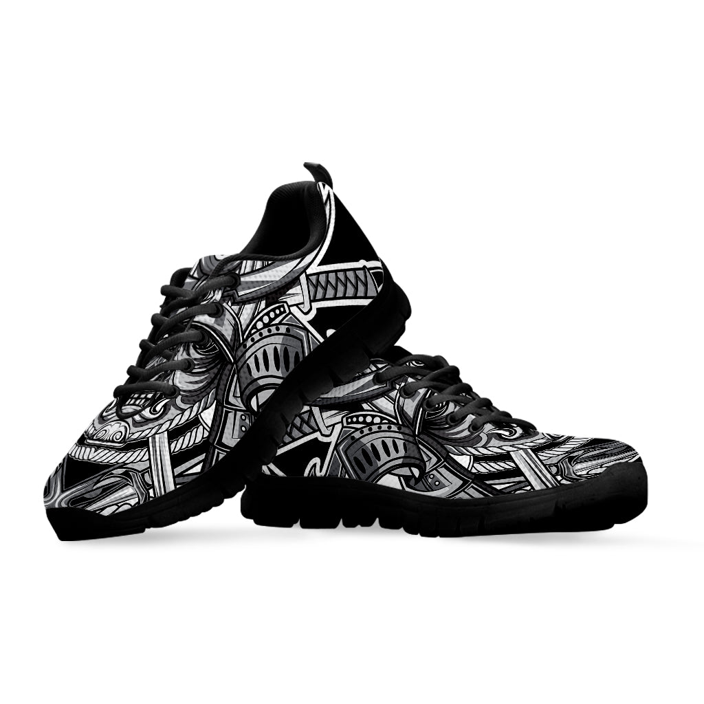 Silver Samurai Mask Print Black Running Shoes
