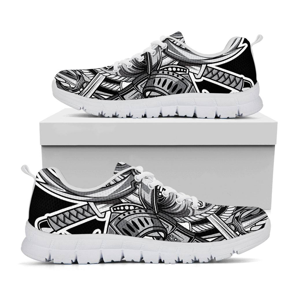 Silver Samurai Mask Print White Running Shoes