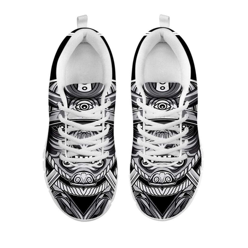 Silver Samurai Mask Print White Running Shoes