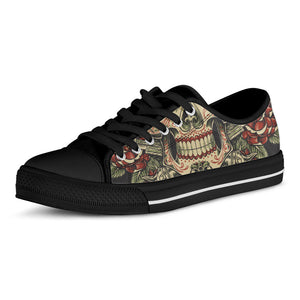 Skull And Roses Tattoo Print Black Low Top Sneakers