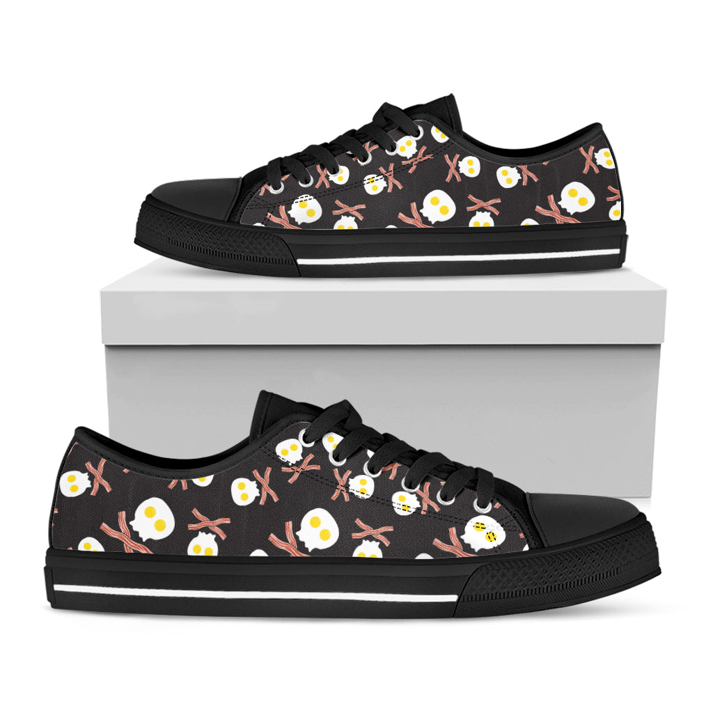 Skull Fried Egg And Bacon Pattern Print Black Low Top Sneakers
