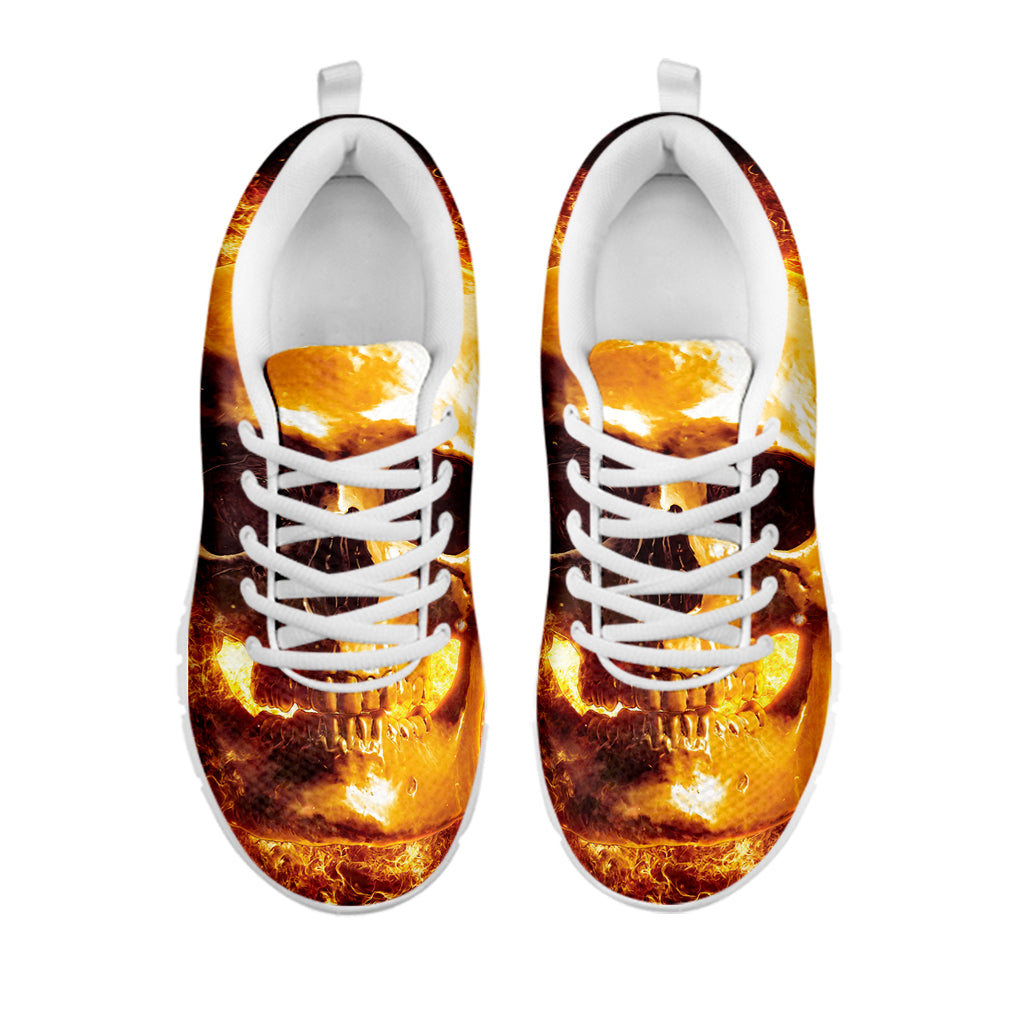 Skull In Flames Print White Running Shoes