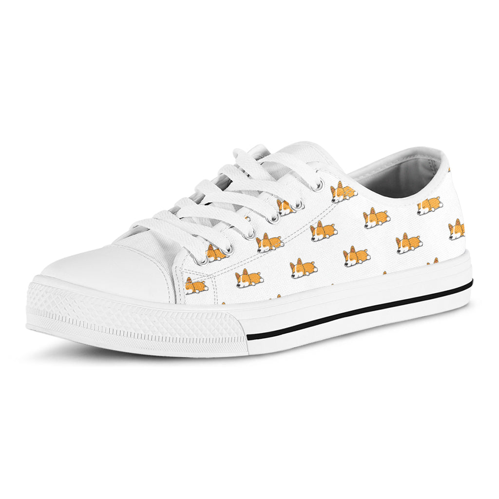 Sleeping Corgi Pattern Print White Low Top Sneakers