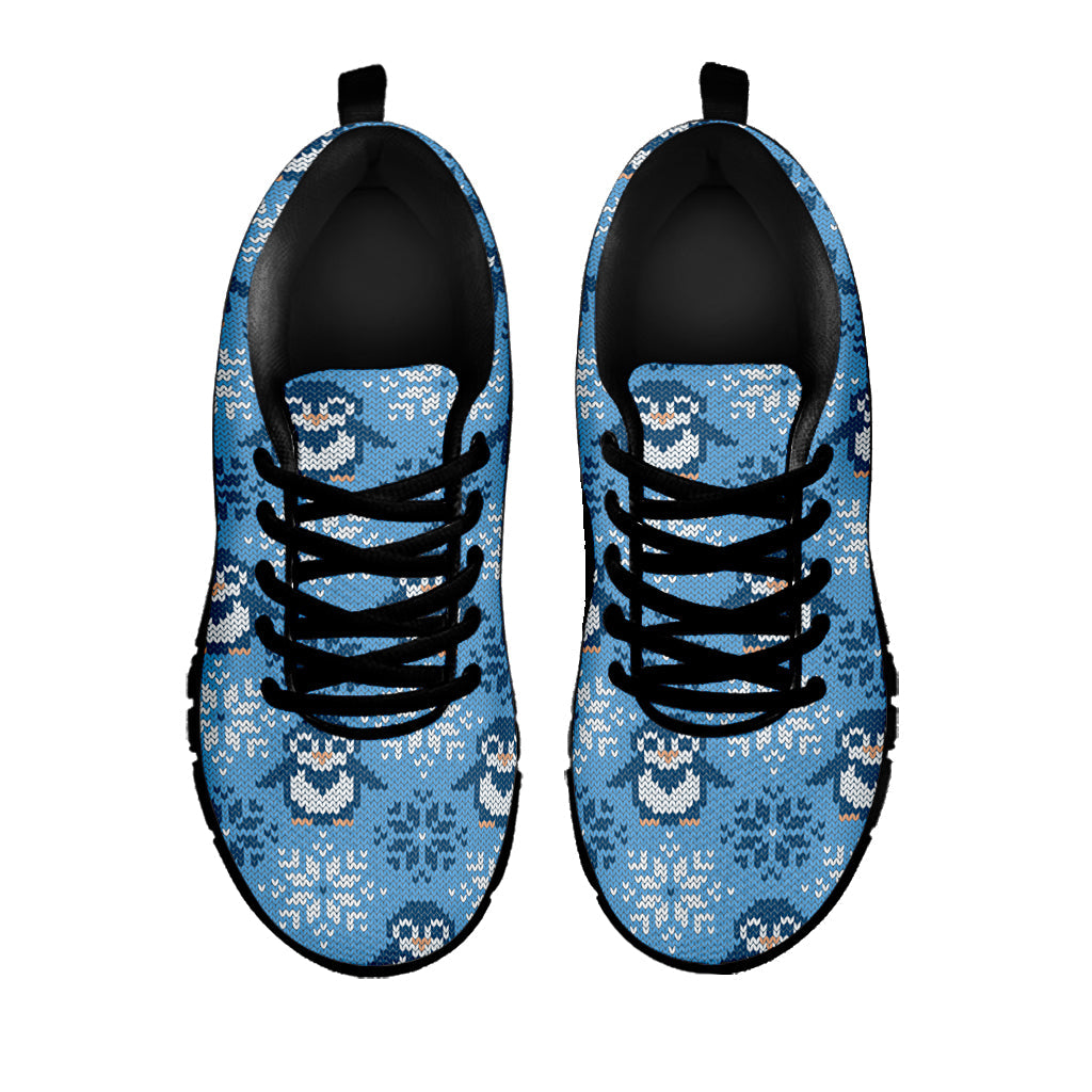 Snowy Penguin Knitted Pattern Print Black Running Shoes