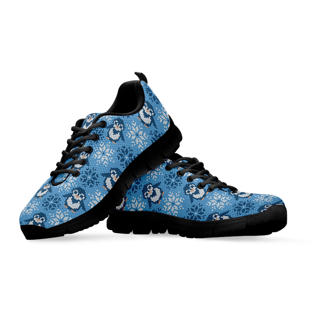 Snowy Penguin Knitted Pattern Print Black Running Shoes
