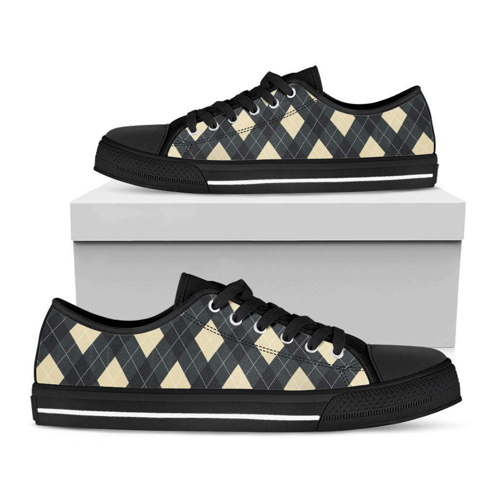 Spruce Blue And Beige Argyle Print Black Low Top Sneakers