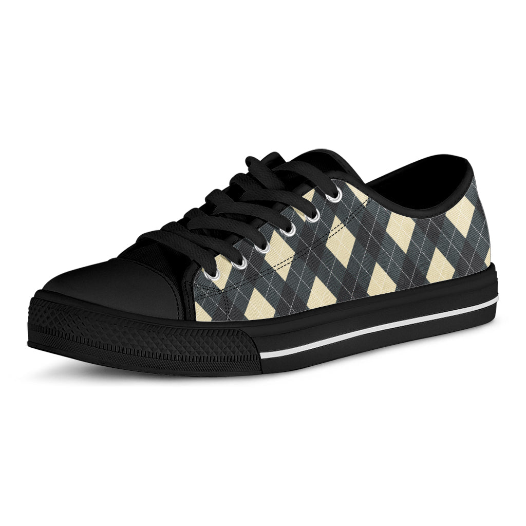 Spruce Blue And Beige Argyle Print Black Low Top Sneakers