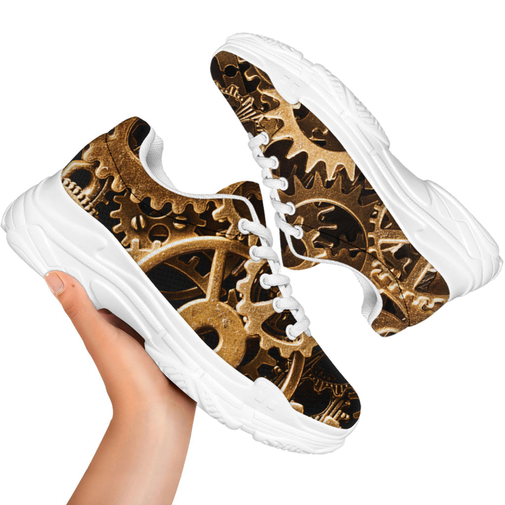 Steampunk Brass Cogs And Gears Print White Chunky Shoes