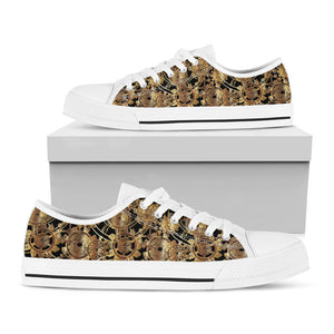 Steampunk Clock Gears Print White Low Top Sneakers