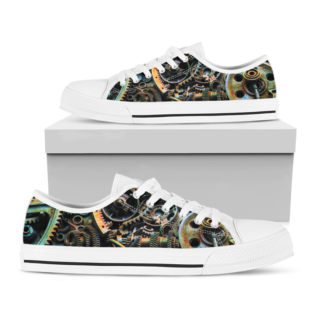 Steampunk Cogs And Gears Print White Low Top Sneakers