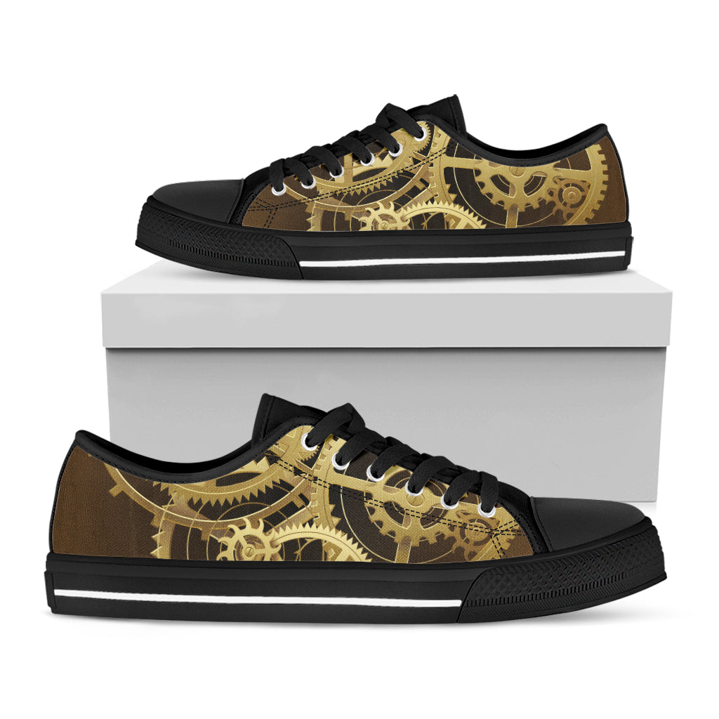 Steampunk Cogwheels Print Black Low Top Sneakers